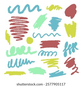 Multicolored crayon border set. Grunge through and underline elements. Highlight brush lines, shapes, elements. Big set of hand draw isolated vector objects on white background.