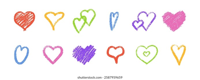 Multicolored crayon heart vector collection with rough chalk texture and scattered grainy strokes. Hand drawn romantic doodles in rainbow shades. Sketchy love symbols for Valentine day greeting card.