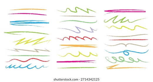 Multicolored Crayon Underlines and Dividers. Hand drawn Wavy Strokes and Doodle Lines. horizontal wavy strokes symbol. vector illustration.