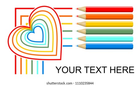 Multicolored crayons drawing lines and rainbow monoline heart, banner design on white background. Six pencils in red, orange, yellow, green, turquoise and blue