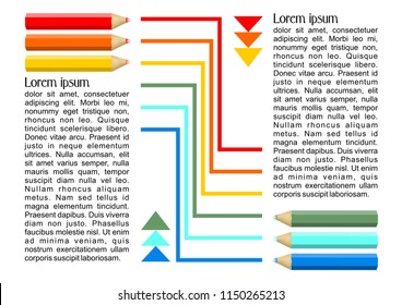 Multicolored crayons drawing rainbow lines, Placard, flyer template with empty areas for text. Vector illustration