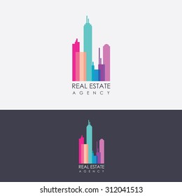 Multicolored creative real estate logo design for business visual identity. Tall colorful skyscrapers vector mark