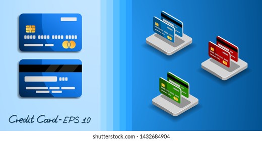 Multi-colored credit cards in isometry and front view