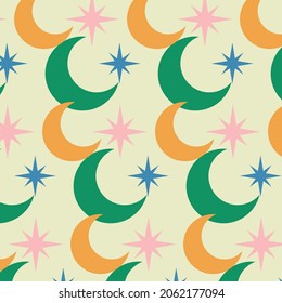 Multicolored crescent moon and stars seamlesss pattern vector art.