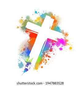 Multi-colored cross. Cross made of rainbow blots. Happy easter. Vector illustration