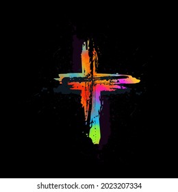 Multi-colored cross. Cross made of rainbow blots. Happy easter. Vector illustration