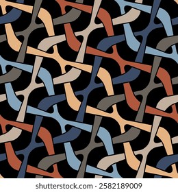 Multicolored crossed diagonal lines on a black background create a decorative grid. Abstract geometric design in retro style. Vintage colors. Seamless repeating pattern. Vector illustration.