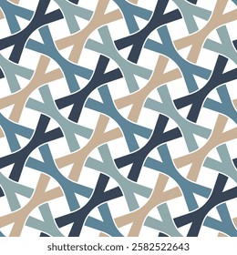 Multicolored crossed diagonal lines on a white background create an ornamental lattice with a modern design. Seamless repeating pattern. Abstract geometric vector illustration.
