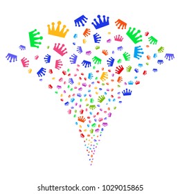 Multicolored Crown fireworks fountain. Object fountain done from random crown pictograms as fireworks. Vector illustration style is flat iconic symbols with psychedelic colors.