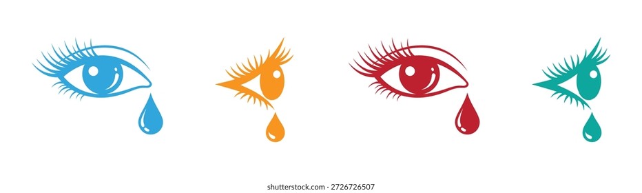 Ojos llorosos multicolores con lágrima. ojo llorando con lágrima dibujado a mano estilo retro arte de póster. tristeza llorando icono de ojo aislado, hermoso ojo femenino y lágrima azul. Ilustración vectorial