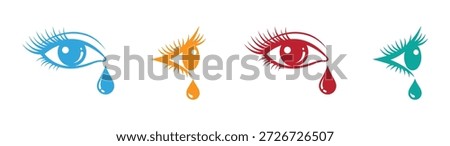 Multicolored crying eyes with tear. crying eye with tear hand drawn retro  style poster art. sadness crying eye icon isolated, beautiful female eye and blue tear. Vector illustration