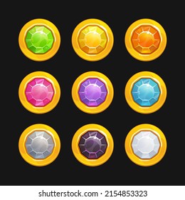 Multicolored crystal assets for game design. Shiny gemstone GUI elements. Cartoon gems in gold frames. Ruby, emerald, diamond, brilliant buttons. Fantasy amulets, vector icons.