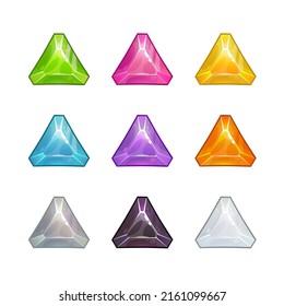 Multicolored crystal assets for game design. Shiny gemstone GUI kit. Cartoon gems collection. Colorful facet jewels set. Ruby, emerald, diamond, brilliant items on white background.