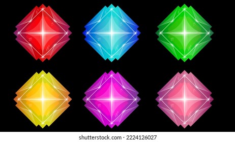 Multicolored crystal assets for game design. Shiny gemstone GUI elements. Cartoon gems in gold frames. Ruby, emerald, diamond, brilliant buttons on white background. Fantasy amulets, vector icons.