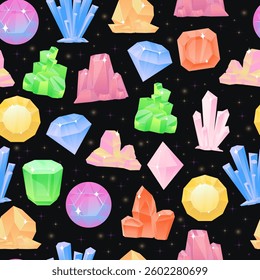 Multicolored crystals. Gemstones seamless pattern. Sparkling diamonds. Repeated print. Brilliant emeralds. Treasure sapphires. Magic stalactites. Faceted rhinestones