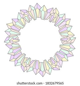 Cristales multicolores sobre un fondo blanco . Marco redondeado para texto. Tarjeta de felicitación. Ilustración del vector