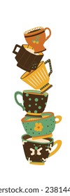 multi-colored cup with different patterns Set. Tea, coffee, drinks. Banner for the interior. Mid-century. Hand-drawn. Vector illustration.