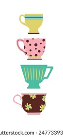 multi-colored cup set with different patterns. Tea, coffee, drinks. Banner for the interior. Mid-century. Hand-drawn. Vector illustration.