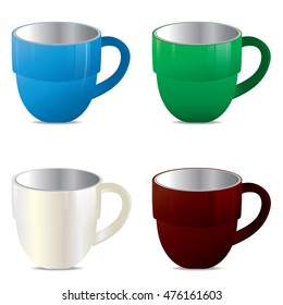 Multicolored cup set isolated on white background. Cup set.