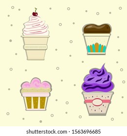 multicolored cupcakes in cups vector set
