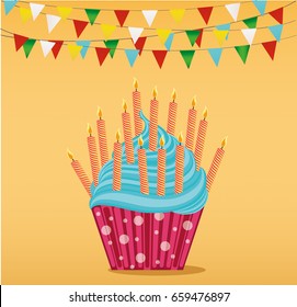 Multicolored cupcakes with letters and words happy birthday. Greeting card or invitation. Vector. Free space for text or advertising.