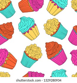 
Multicolored cupcakes seamless pattern isolated on transparent background. EPS 8 vector.