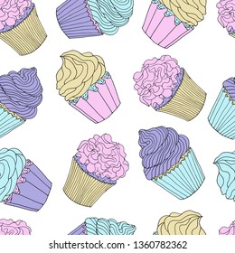 Multicolored cupcakes seamless pattern isolated on transparent background. EPS 8 vector.