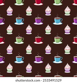 Multi-colored cupcakes with whipped cream with tea cups and saucers, seamless pattern on a brown background.