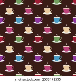 Multi-colored cups with aromatic coffee on a white saucer, seamless pattern on a brown background.