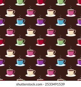 Multi-colored cups with a hot drink on a saucer with steam, seamless pattern on a brown background.