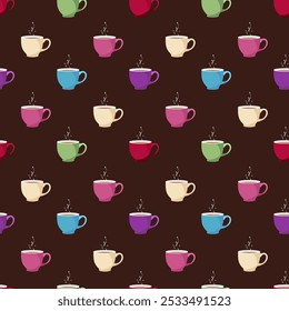 Multi-colored cups with hot tea on a brown background, seamless pattern.