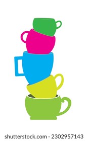 Multi-colored cups standing on top of each other. Vector illustration, print for background, print on fabric, paper, wallpaper, packaging.	