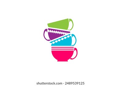 Multi-colored cups standing on top of each other. Vector illustration, print for background, print on fabric, paper, wallpaper, packaging.	
