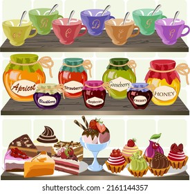 Multicolored cups and sweet desserts.Jars with jam, cups and sweet desserts on wooden shelves in vector illustration.