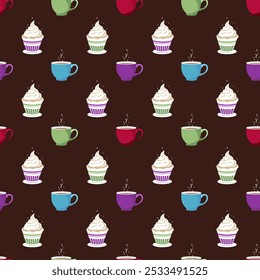 Multi-colored cups of tea with muffins with whipped cream, seamless pattern on a brown background.