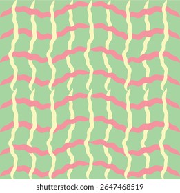 Multicolored curly checkered seamless pattern. Abstract pink, yellow and green background. Texture for fabrics, wrapping paper, social media designs and stationery.