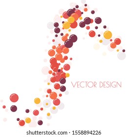 Multicolored curve wave of circles. Randomly scattered colored bubbles.  Childish vibrant round dots on white background for decoration. Vector illustration.