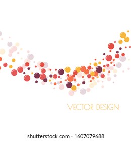 Multicolored curve wave of circles. Randomly scattered colored bubbles.  Childish vibrant round dots on white background for decoration. Vector illustration.