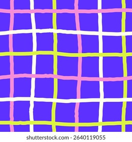 Multicolored Curvy Grid Seamless Pattern. Vibrant checkered background with hand drawn cross lines. Funky minimalist backdrop. Modern abstract design. Vector illustration