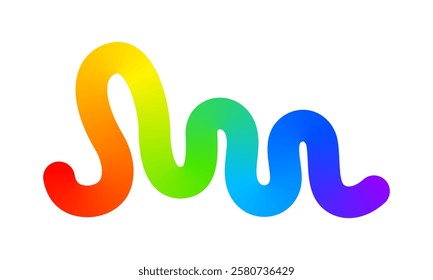 Multicolored curvy line isolated on white background. Cool colorful squiggle, wavy stripe, rainbow colored curve. Organic doodle figure with gradient effect. Vector illustration.