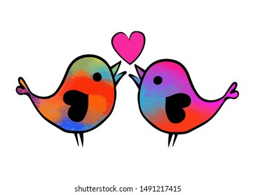 Multi-colored cute birds in love. Happy Valentine's Day. Vector illustration
