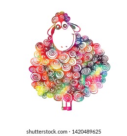 Multicolored cute lamb. Rainbow cartoon lamb. Vector illustration