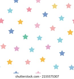 Patrón multicolor lindo sin costuras con estrellas.  Ilustración abstracta con estrellas de color arco iris sobre fondo blanco. Vector para papel de embalaje, libro de chatarra, tela