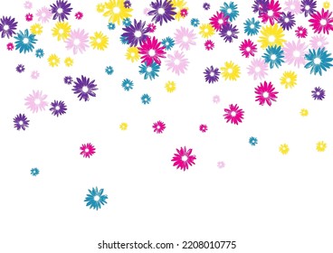 Multi-colored Daisy Background White Vector. Garden Wild Template. Bright Floral Vintage. Graceful Textile. Romantic Violet Plant.