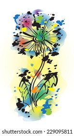 Multicolored Dandelion in watercolor technique with ink spots