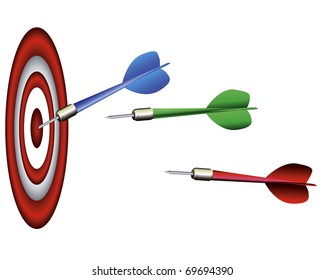 Multi-colored darts of a darts with a target on a white background