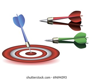 Multi-colored darts of a darts with a target on a white background
