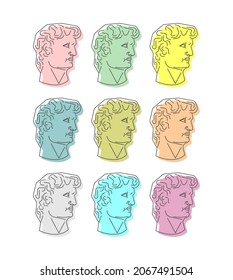 Escultura de cabeza de David multicolor de Miguel Ángel. Estatua renacentista. Ilustración vectorial ART