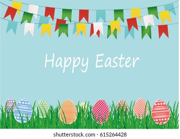 Multicolored decorated Easter eggs on the green grass and a garland of flags. Bunting. Greeting card or invitation for a holiday. Vector. Empty space for text