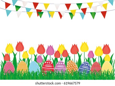 Multicolored decorated Easter eggs on the green grass with flowers tulip and a garland of flags. Bunting. Greeting card or invitation for a holiday. Vector. Empty space for text